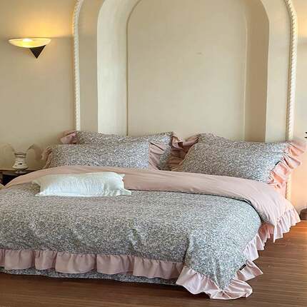 法式荷叶花边全棉磨毛床上用品四件套保暖加厚碎花被套床单秋冬