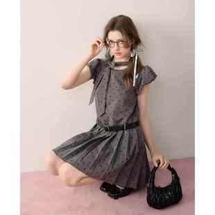 蝴蝶结设计感甜美收腰短裙 富家千金风灰色波点连衣裙女夏季