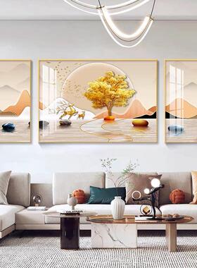 现代无障碍豪华客厅装饰画，简约典雅的山水三联壁画沙发背景墙与