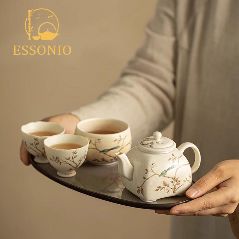 ESSONIO苏打烧喜上枝头四方壶功夫茶具陶瓷泡茶壶家用陶瓷托盘
