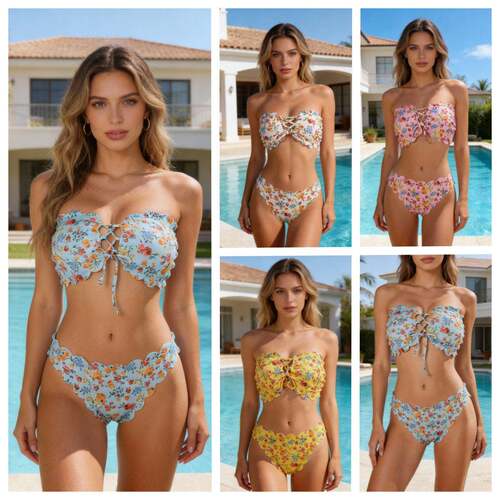 Two-Piece Set Women'S All Over Plants Print Bandeau Bikini