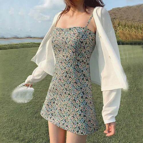 Sexy U-Neck Straps Backless Print Mini Dress Summer Sleevele
