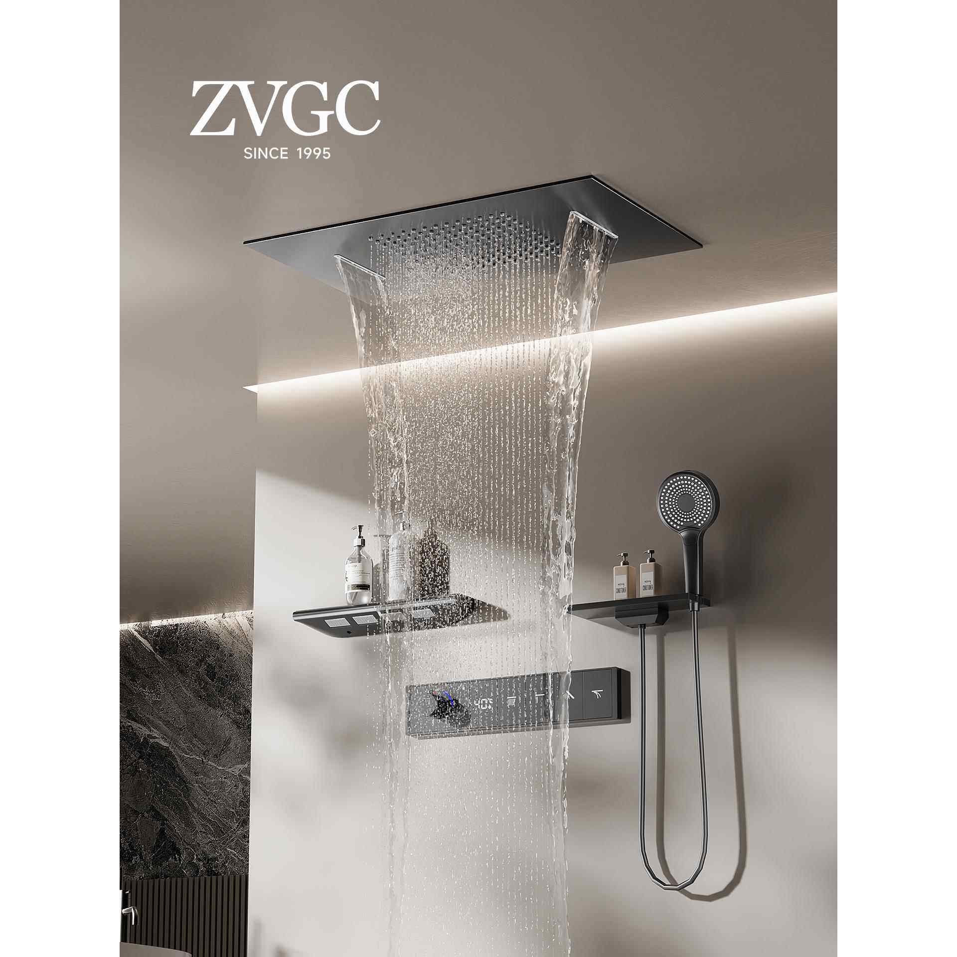 ZVGC天幕暗装花洒淋浴套装恒温数显全铜入墙式瀑布黑色极简嵌入式