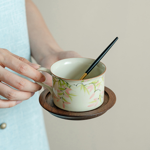 拓土陶瓷咖啡杯家用纯手绘粉藤花喝水杯带把带勺泡茶杯办公室专用