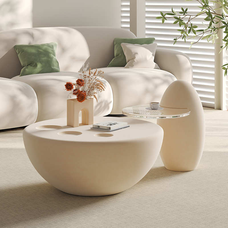 圆形茶几组合现代轻奢风简约奶油猫爪小户型客厅玻璃红创意家用网