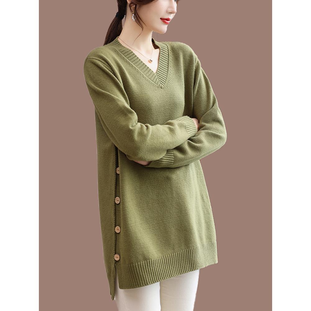 羊毛衫女装内搭中长款韩版宽松显瘦V领针织毛衣加肥加大码打底衫Y