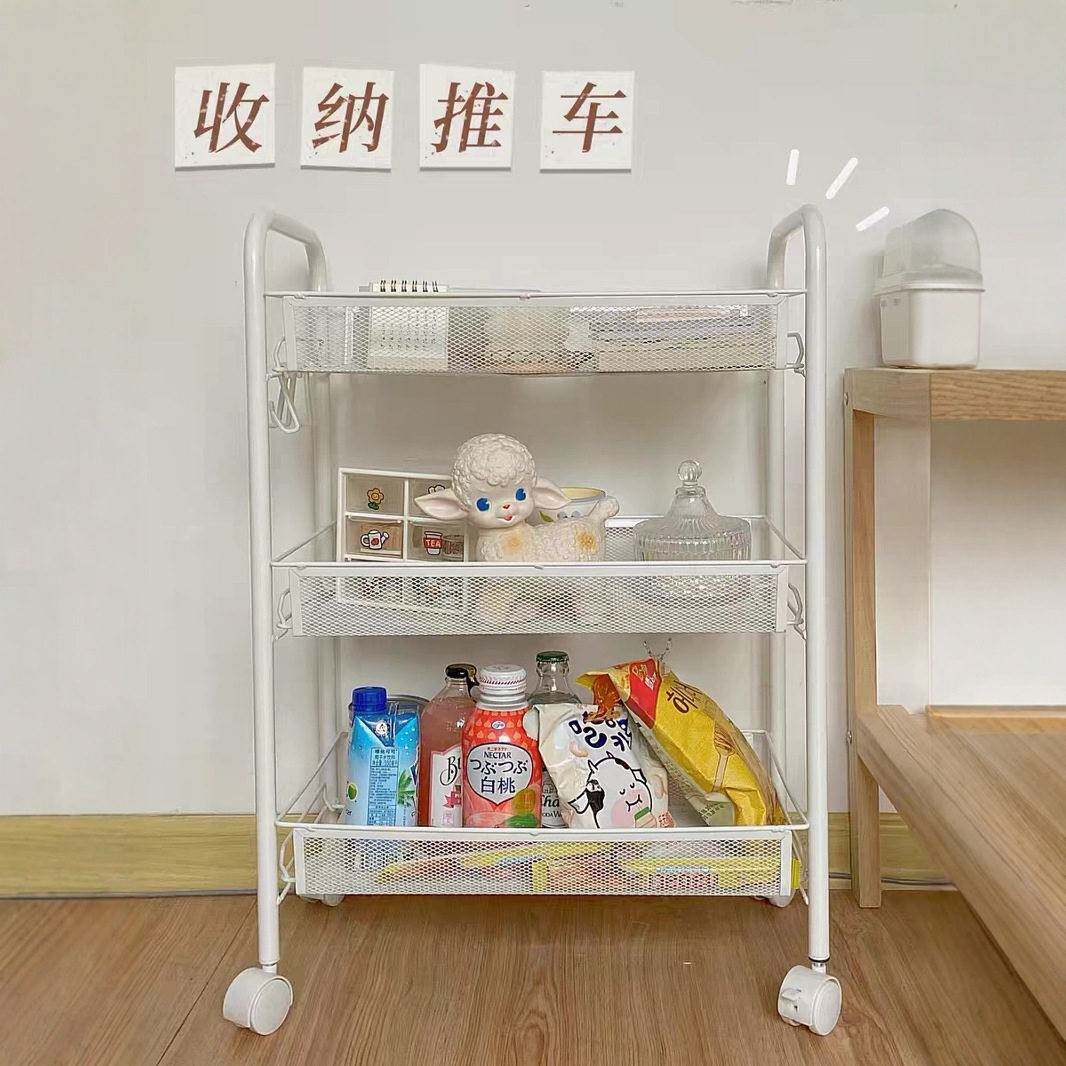 家用厨房置物架落地多层金属网篮客厅卧室收纳层架带轮小推车可移