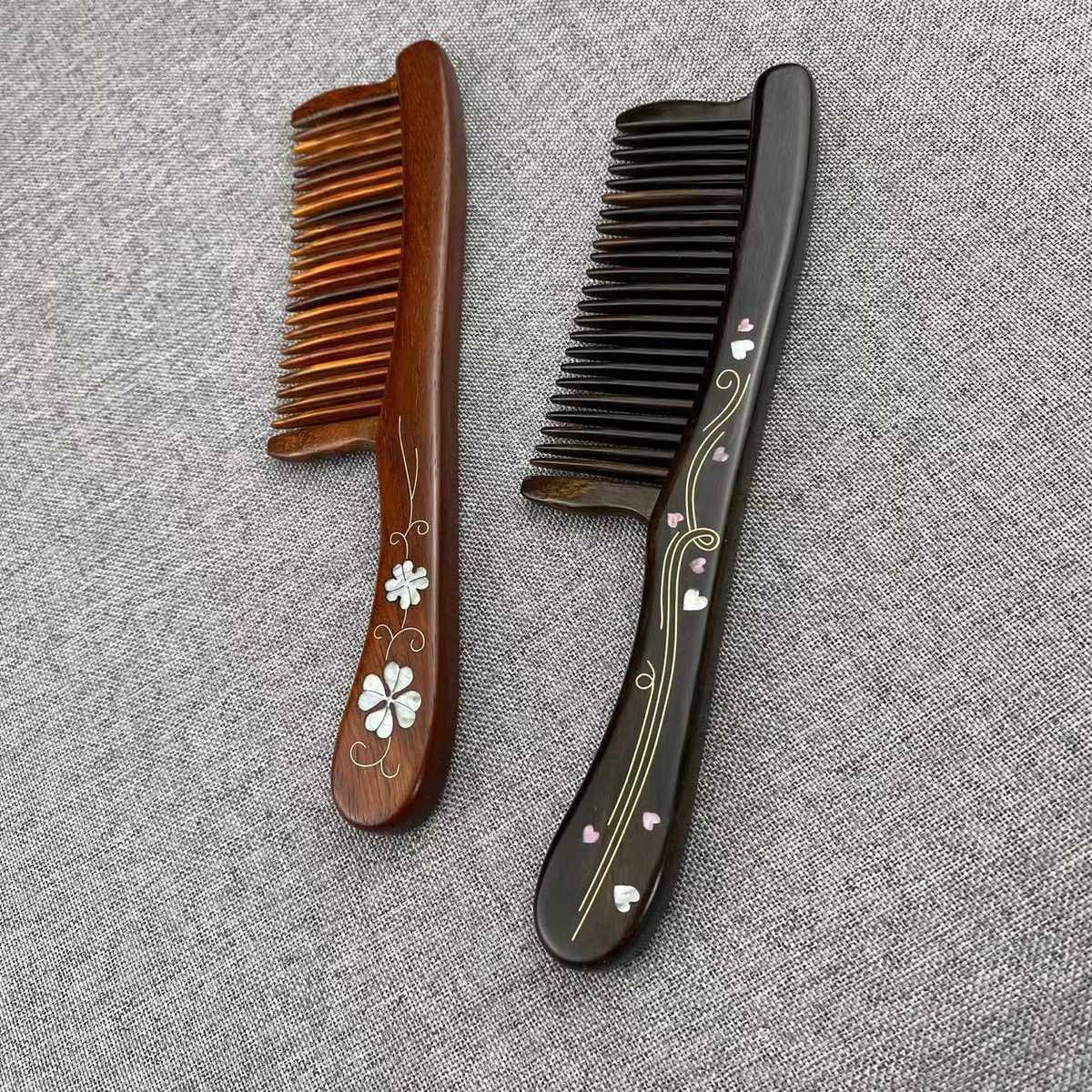 紫光檀手工插齿镶嵌拼接木梳女生家用顺发工艺品梳礼品梳