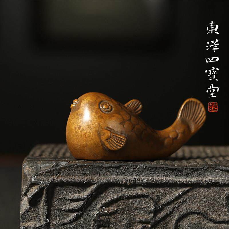 青铜小河豚笔搁笔置 实心铜器多功能镇纸镇尺笔山实用可爱文房用