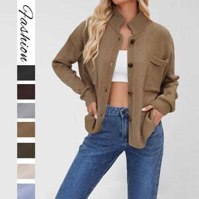 Knitted jacket stand up collar plus size sweater cardigan