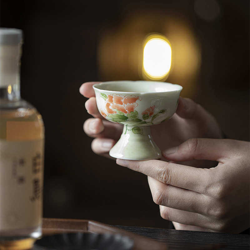 明知山志 果青牡丹知心棠梨高足杯 仿宋高足茶杯手绘牡丹花品茗杯
