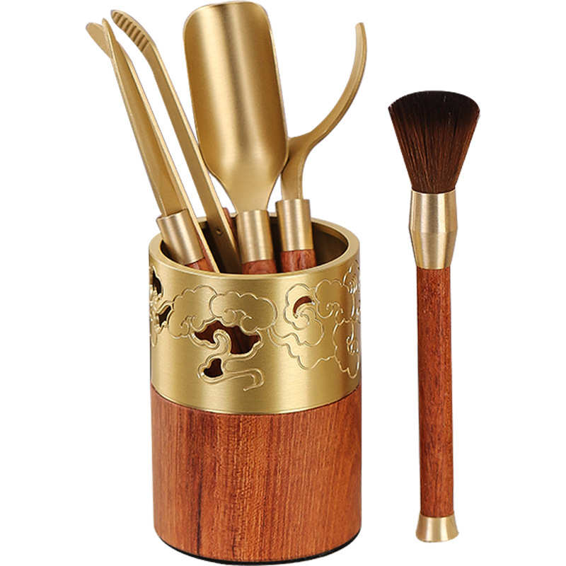 高端黑檀木黄铜茶道六君子套装茶具配件大全茶刀笔夹泡茶工具用品