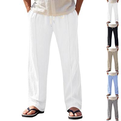 Men Color Drawstring Waist Linen Pants Casual Comfy Bottoms