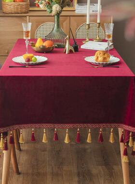 xyt酒天红色鹅绒桌布镶坠子欧美式法式式复古绒丝餐DQH桌布艺台布