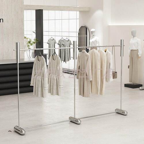服装店展示架落地式不锈钢拉丝中岛银色挂衣杆女装店货架陈列架