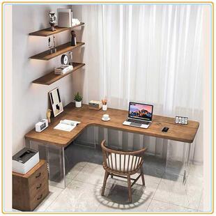 严选亚克力转角实木书架书桌组合一体小户型电脑桌子悬浮学习书桌