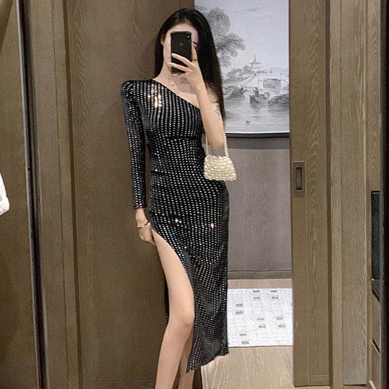 夜场店装性感晚礼服长裙子轰趴女闪闪亮斜领单肩露肩长款连衣裙