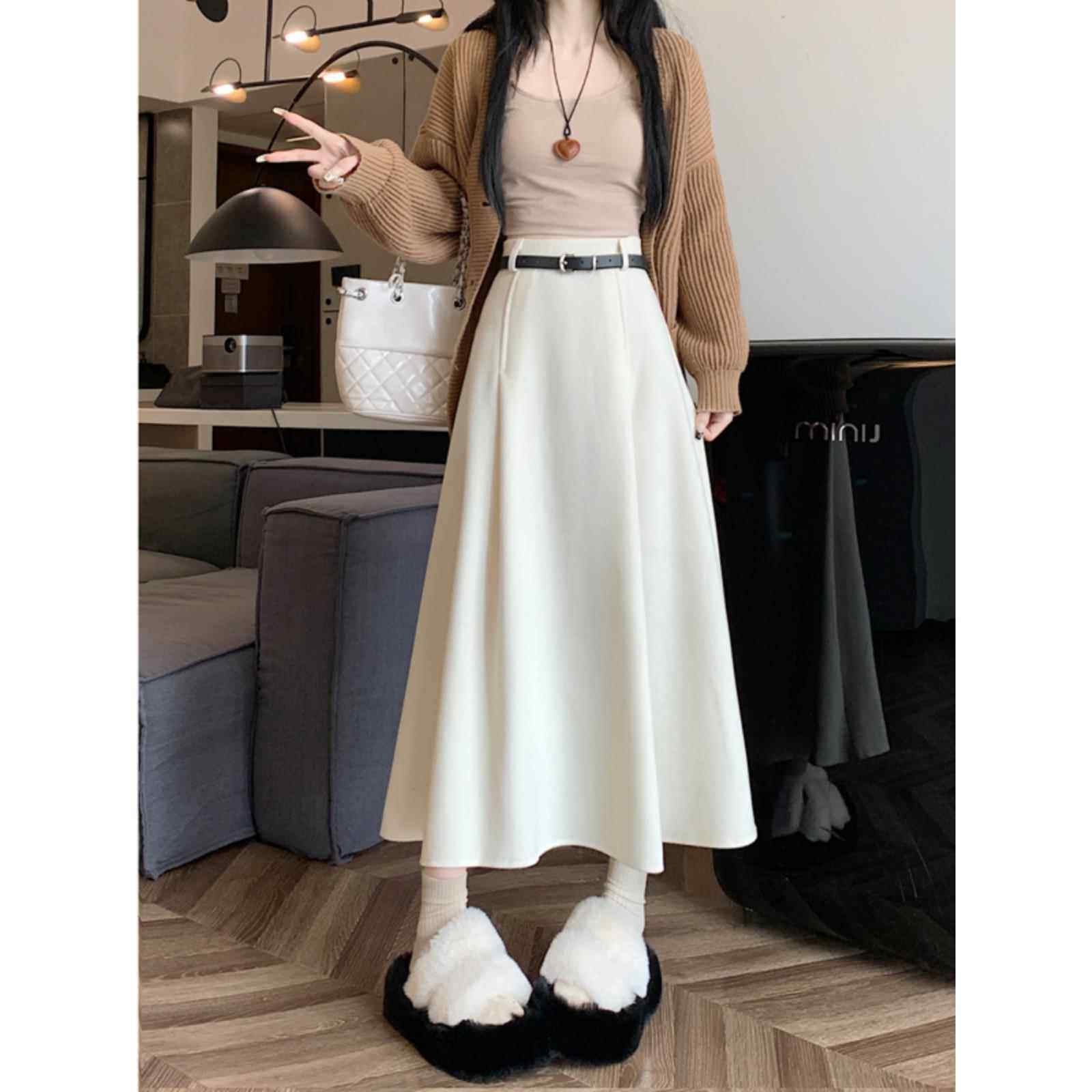 白色毛呢半身裙女春秋款2026新款高腰显瘦a字过膝大摆长裙伞0117w,女装/女士精品,半身裙,淘宝优惠券,粉丝福利购,淘宝优惠卷