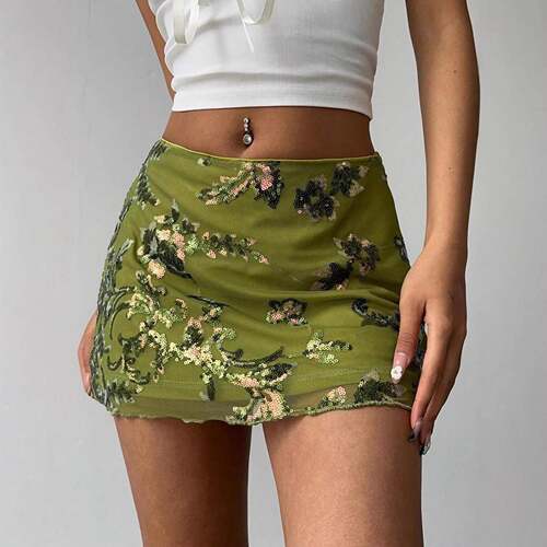 Women's Sexy Short Skirt with Sequin Floral Pattern and Mesh