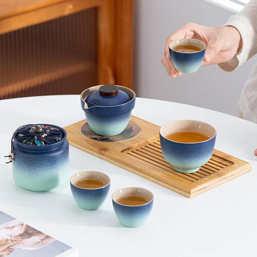 旅行茶具快客杯一壶三杯便携式盖碗小套户外功夫套装泡茶广告礼品