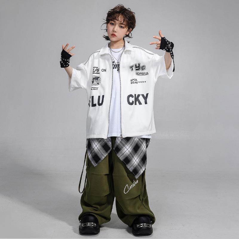 街舞儿童潮服少儿嘻哈套装美式街头机车短袖男童hiphop六一演出服