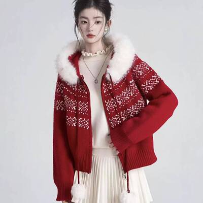 复古费尔岛新年提花厚毛衣外套女秋冬韩系巨好看宽松连帽针织开衫