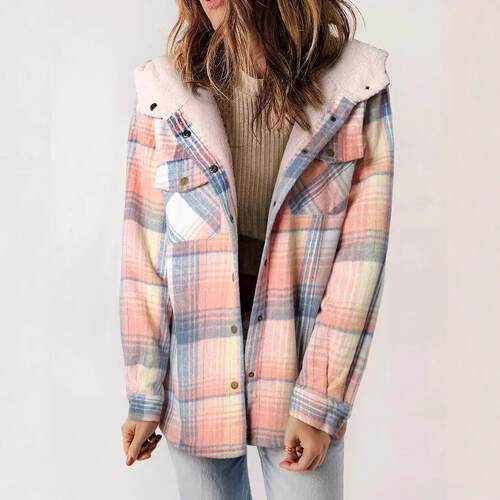 Womens Plaid Shacket Jacket Long Sleeve Button Down Fleece