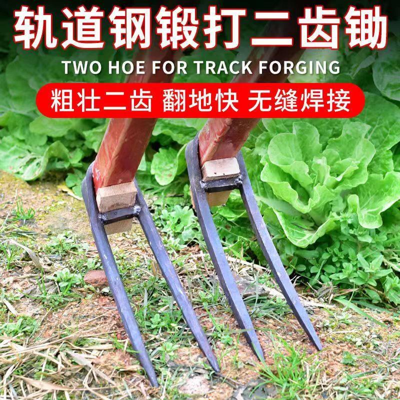 农用全钢长把二齿锄头两用挖土开荒种菜开垦种地农具三齿农用耙子