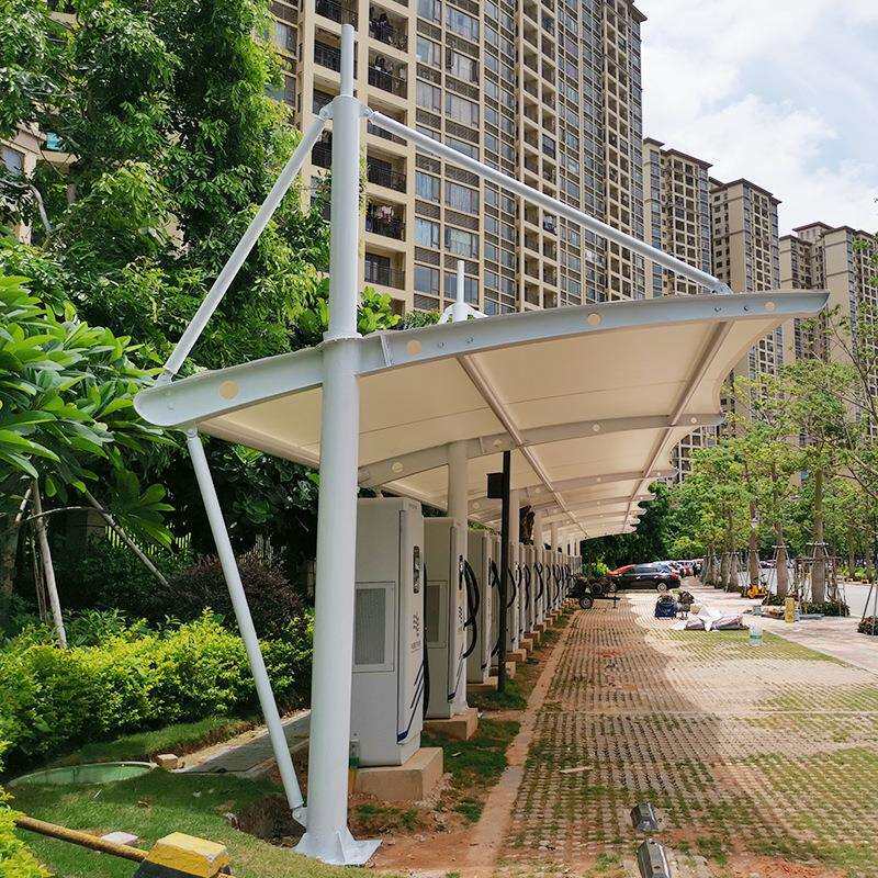 惠阳电动汽车充电站车棚小区公园遮阳景观棚拉杆式钢膜结构安装