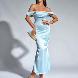 Off-Neck Backless Ruched Bodycon Satin Dress,A Bodycon Long