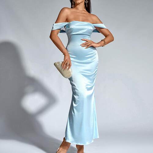 Off-Neck Backless Ruched Bodycon Satin Dress,A Bodycon Long