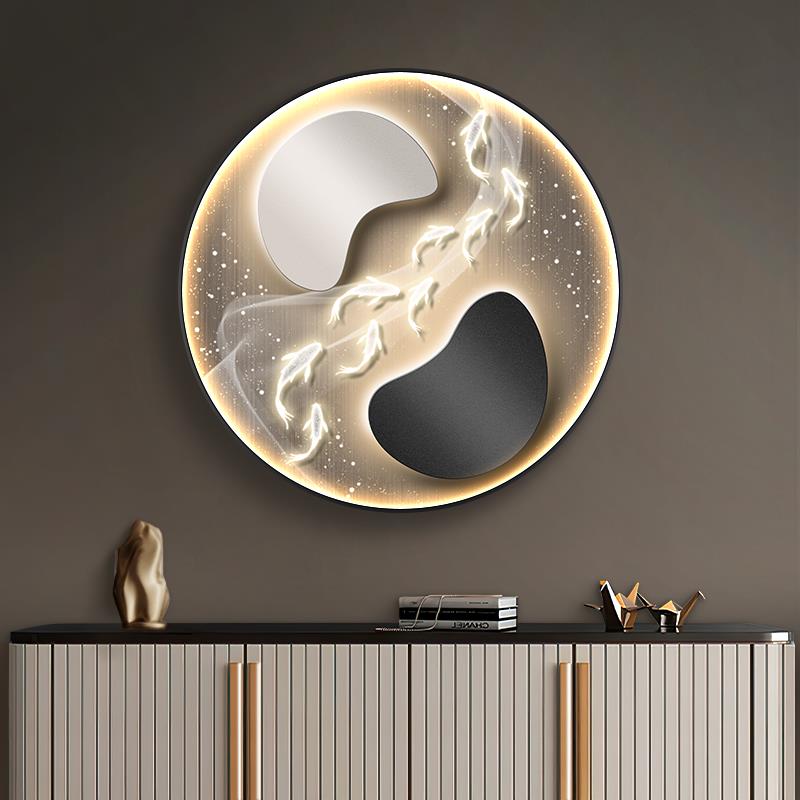 入户九鱼图玄关装饰画led灯圆形高级感挂画客厅背景墙壁画墙面画图片
