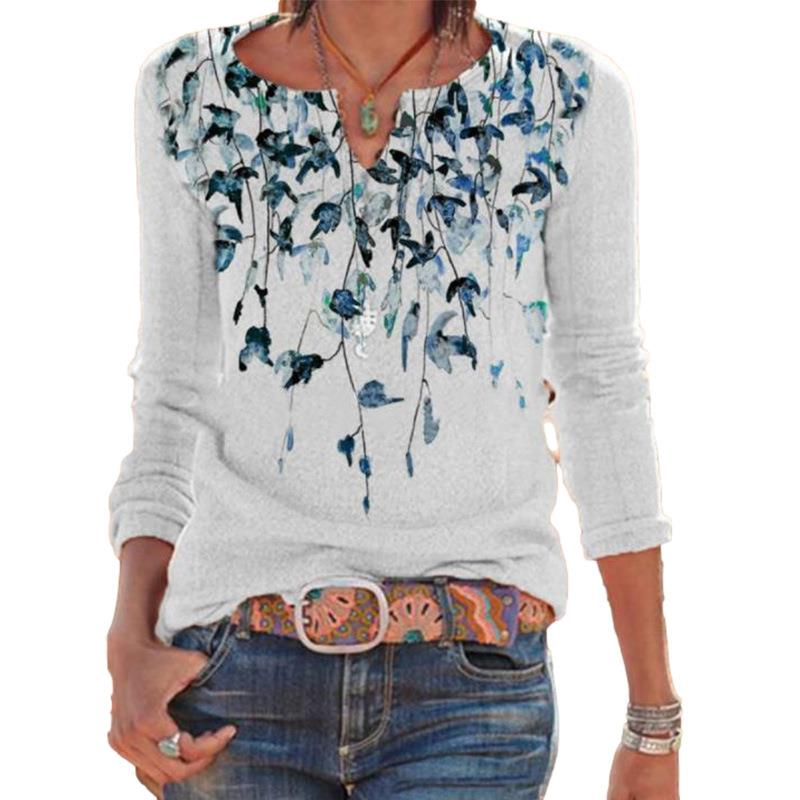 Womens Green Leaf Casual Loose Top Long Sleeve T-shirt