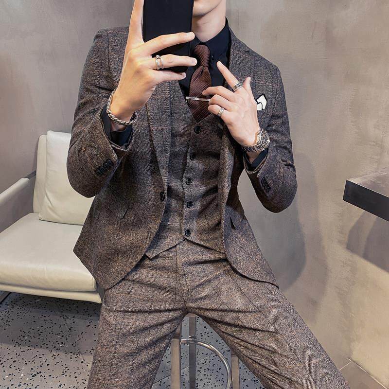 格纹西装男式西装春秋季高级服装新郎婚纱三件套男式休闲西装