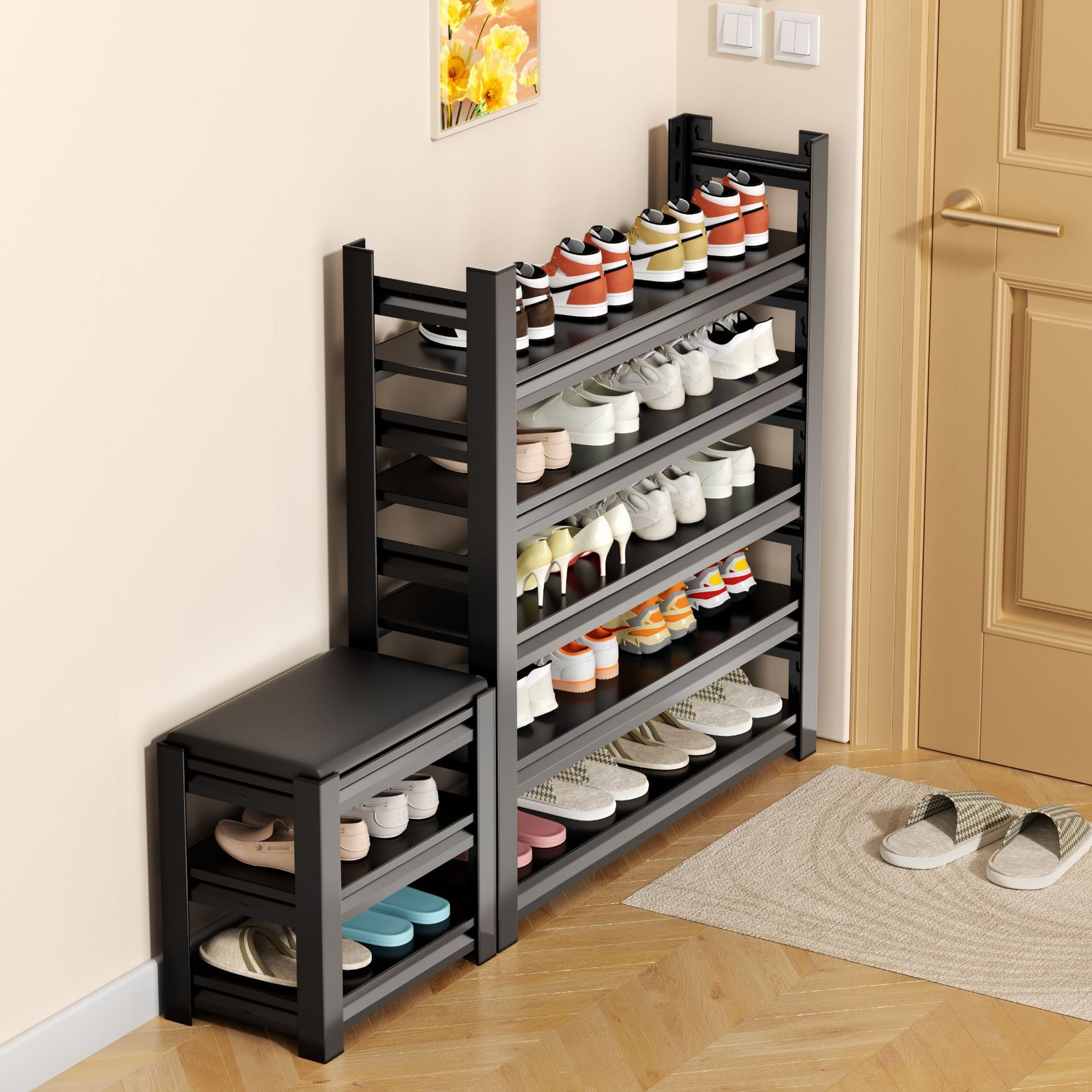 钢制鞋架子用门口多层带换鞋凳子入户坐凳一体玄关室内铁艺鞋柜