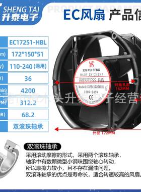 欣瑞丰大风量17cm AC/EC 100v-240v 通用散热风扇风机17251双滚珠