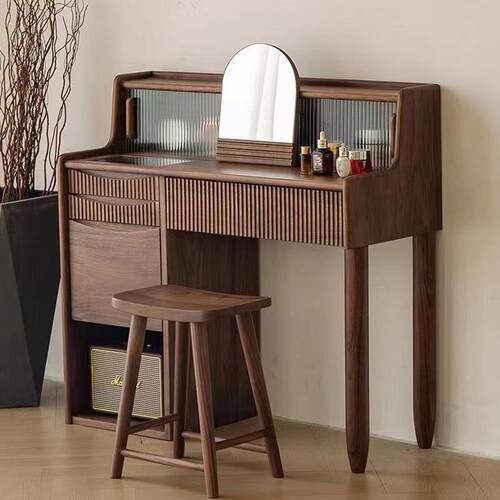 北欧黑胡桃木小户型化妆桌现代简约梳妆台轻奢卧室化妆台带镜子