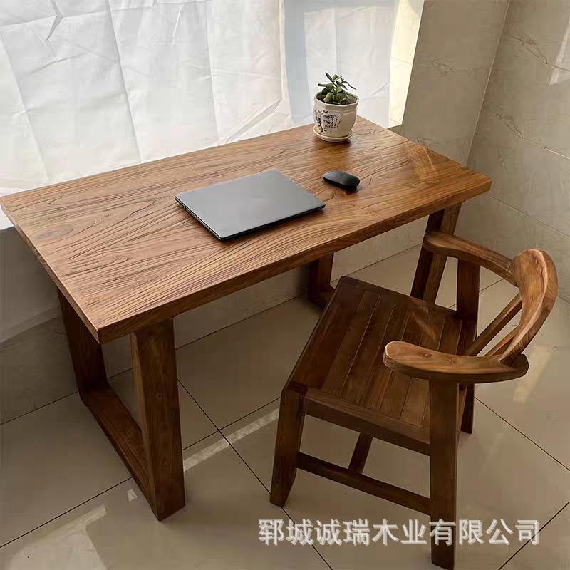 老榆木长方形桌子实木长条凳一套家用吃饭餐桌双人长条椅工作台