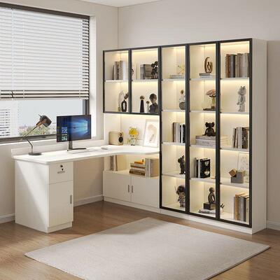 实木转角电脑桌台式家用学生写字桌带书柜桌子简约书桌书架一体桌