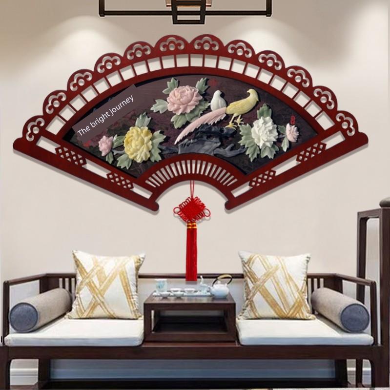 客厅装饰画沙发背景墙挂画新中式牡丹花玉雕立体浮雕壁画扇形壁饰