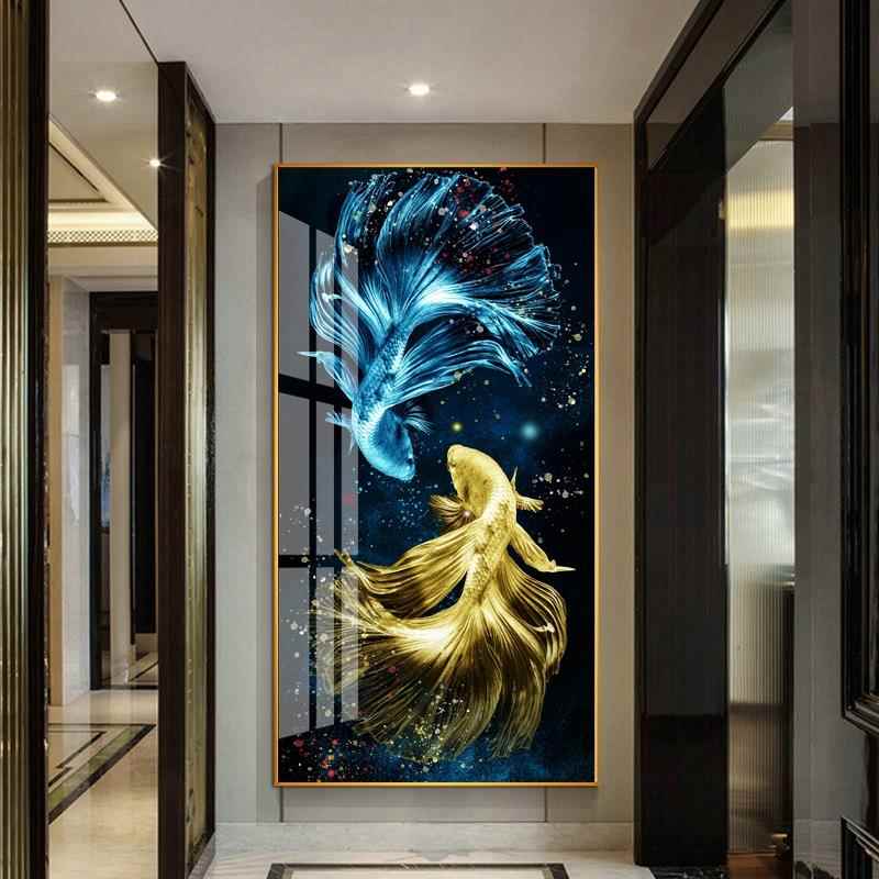 新中式轻奢九鱼图玄关装饰画入户走廊过道壁画竖版晶瓷镶钻挂墙画图片