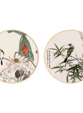 新中式原木风客厅装饰画圆形挂画花鸟翠绿竹子图小清新绿色壁画