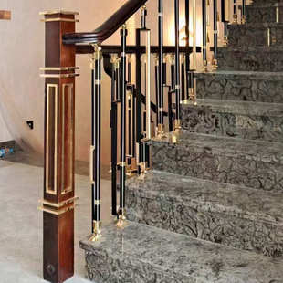 钛金黑复式别墅铝栏杆 楼梯室内平台安装花立柱护栏扶手配件厂家