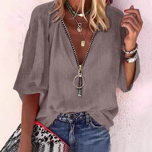 Women's Denim-Effect Half Zip V Neck Blouse  Vneck  Casual