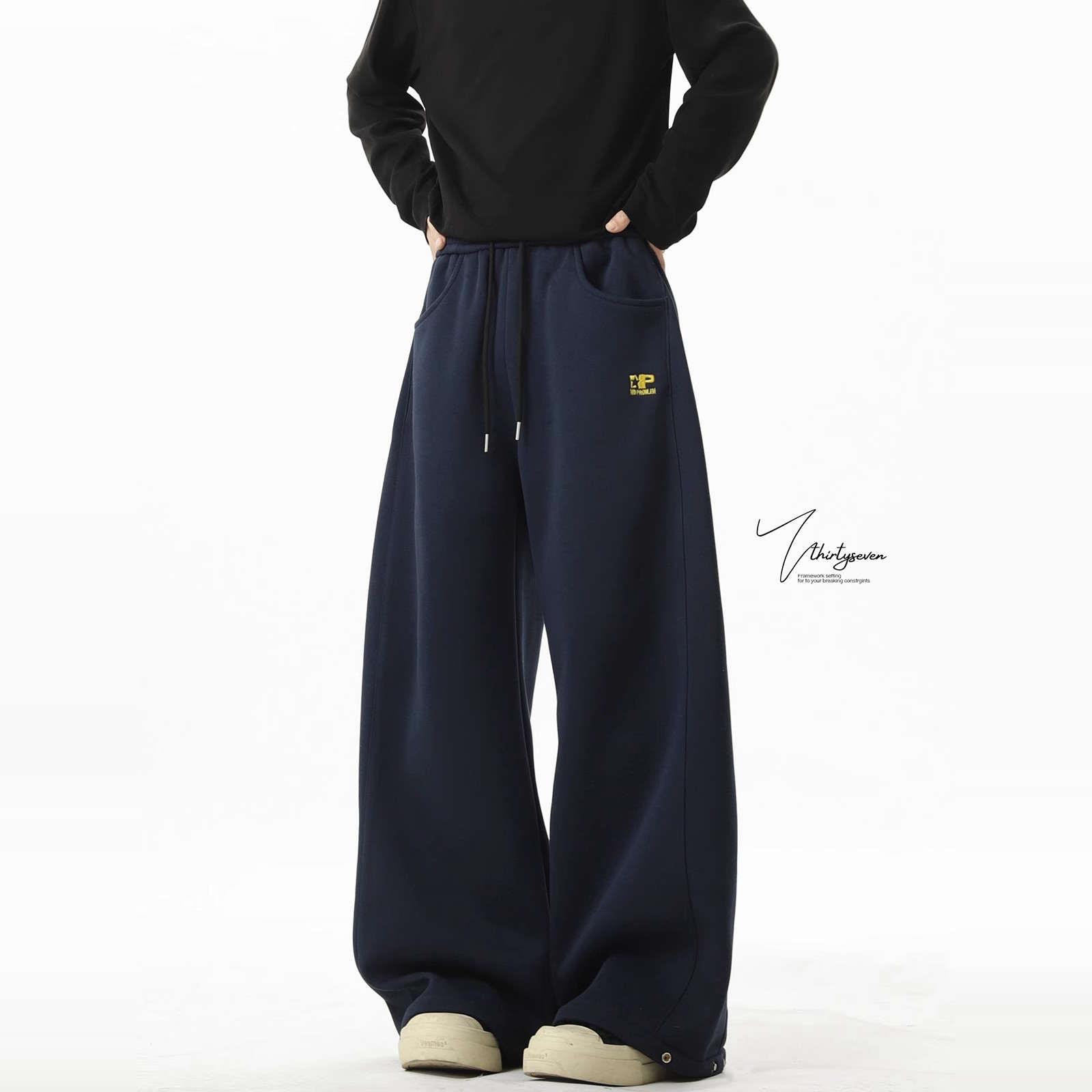 英国DHWA藏青色重磅运动卫裤男款潮牌美式刺绣休闲宽松直筒裤