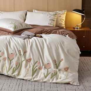 100S澳棉长绒棉郁金香毛巾绣四件套纯棉被套床上全棉双人被套床单