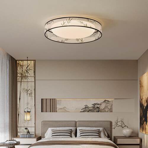 宋式美学灯中古风竹叶山水房间风扇灯复古中式禅意布艺卧室吸顶灯