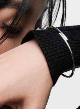 正品J风ANENG 闭925纯银光面口手镯chic极简男款搭配女串饰卡扣手