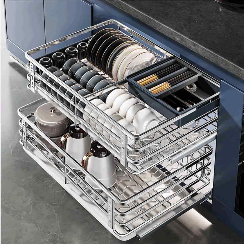 厂家厨房拉篮厨房整体橱柜调味料304不锈钢双层抽屉式碗碟拉篮