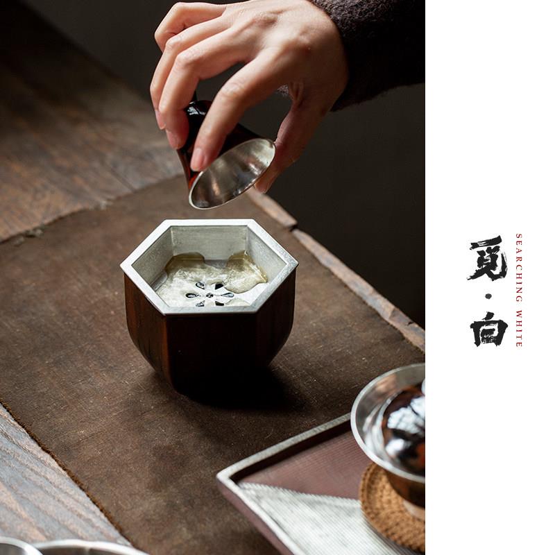 觅手茶白锡盖建水小渣斗工六方建水陶瓷锻打水盂茶杯洗渣配缸中式